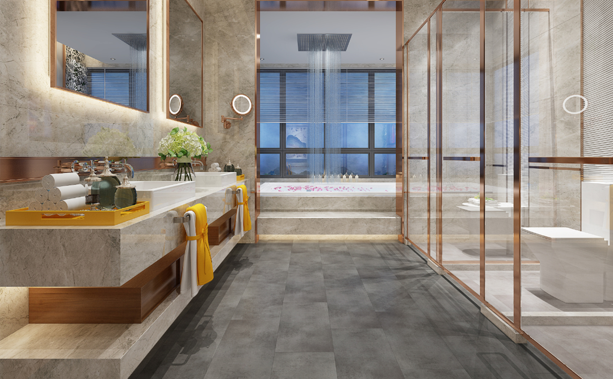 luxury vinyl tile in a modern bathroom with gold fixtures