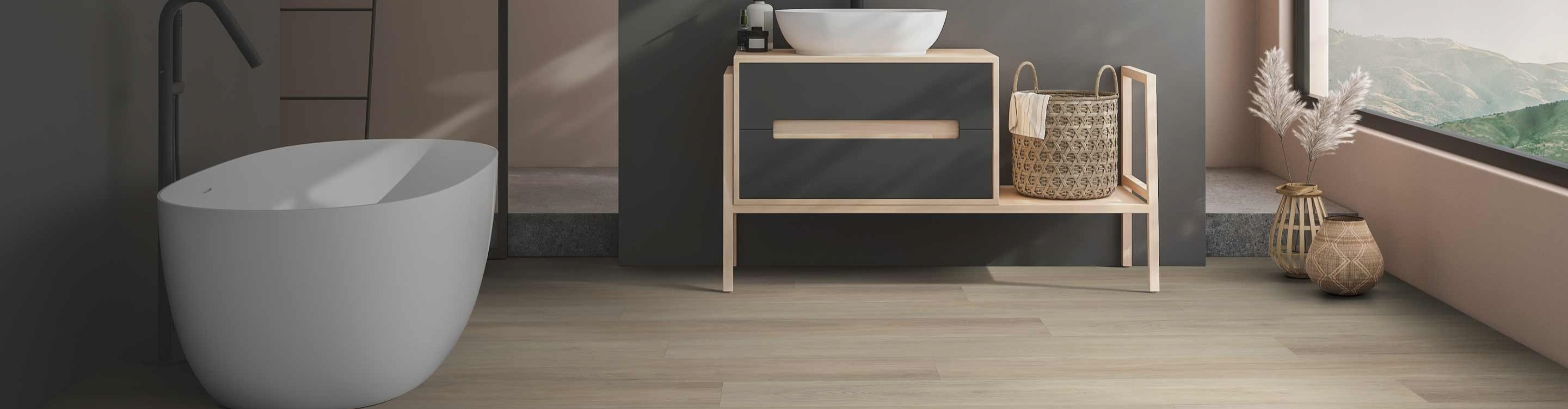 Water resistant wood plank flooring in a modern bathroom.